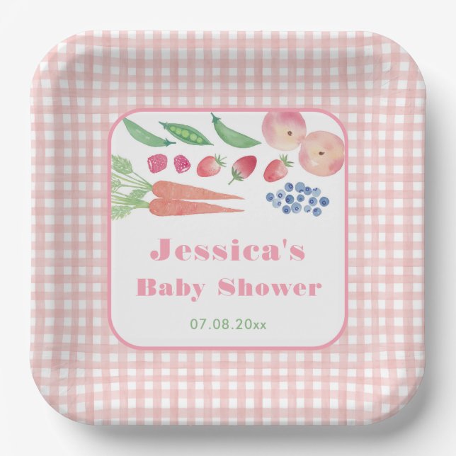 Watercolor Fruit Vegetable Garden Girl Baby Shower Paper Plates (Front)