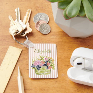 Watercolor Fruits and Flowers Basket on Stripes Keychain