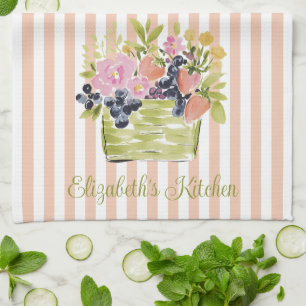 Watercolor Fruits and Flowers Basket on Stripes Kitchen Towel
