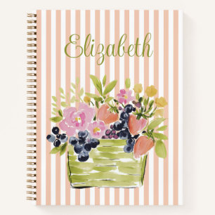Watercolor Fruits and Flowers Basket on Stripes Notebook