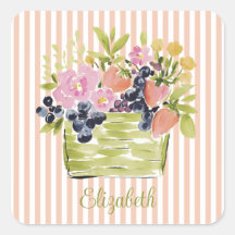 Watercolor Fruits and Flowers Basket on Stripes