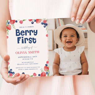 Watercolor Fruits Baby Photo Berry First Birthday Invitation