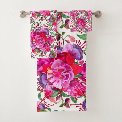 Watercolor Fuchsia Blooms Bath Towel Set