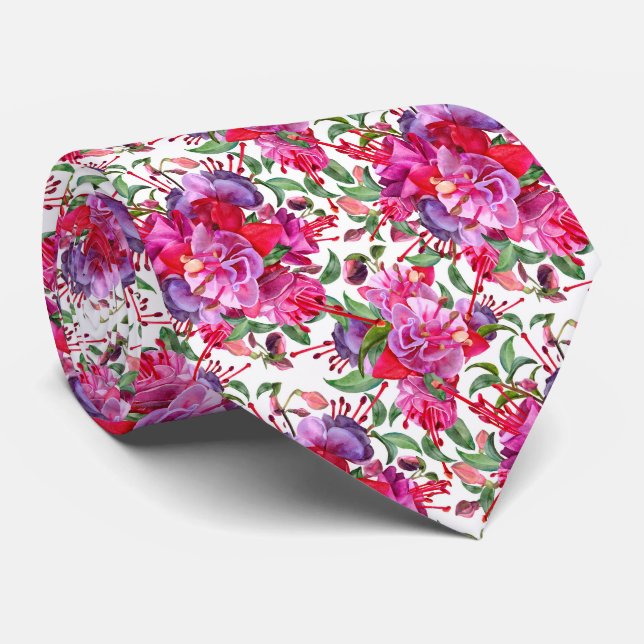 Watercolor Fuchsia Blooms Neck Tie (Rolled)