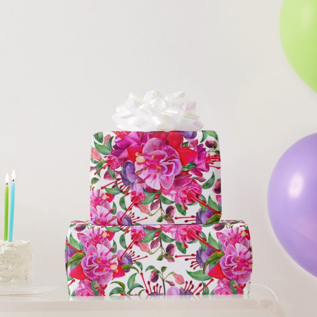 Watercolor Fuchsia Blooms Wrapping Paper (Party Gifts)
