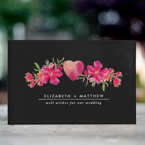 Watercolor Fuchsia Floral  Black Wedding  Guest Book