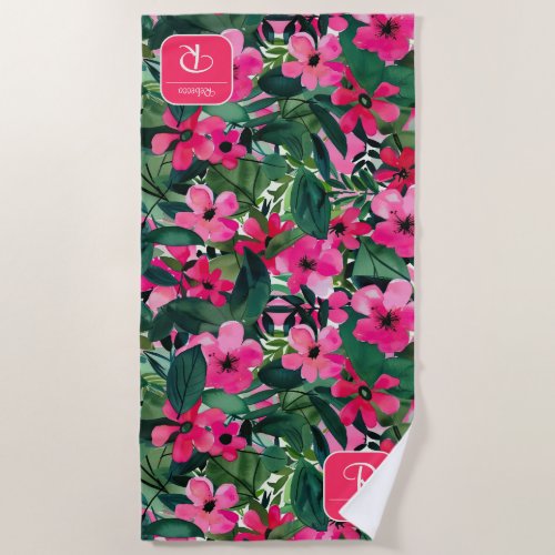 Watercolor Fuchsia Floral Pattern Monogrammed Name Beach Towel