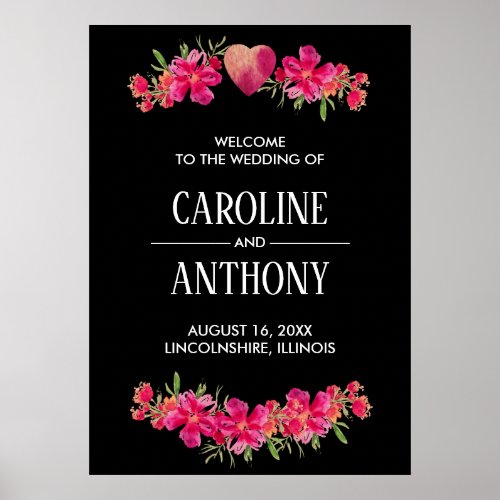  Watercolor Fuchsia Floral Wedding Welcome Sign