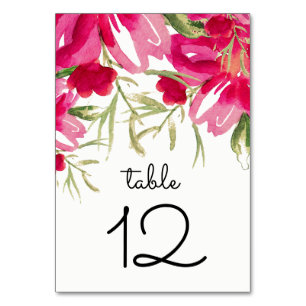 Watercolor Fuchsia Flowers Wedding Table Number
