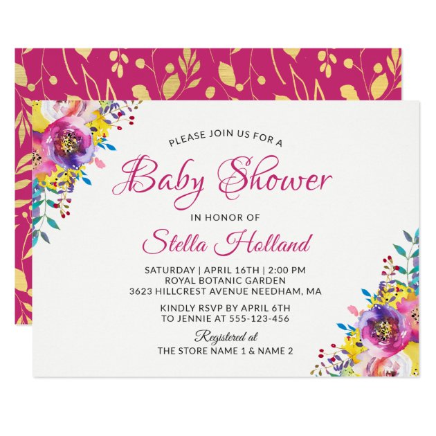 Watercolor Fuchsia Gold Floral Blossom Baby Shower Invitation