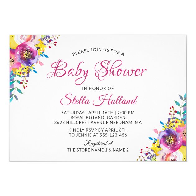 Watercolor Fuchsia Gold Floral Blossom Baby Shower Invitation