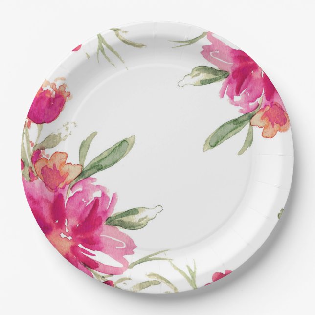 Watercolor Fuchsia Green Floral Graduation Party  Paper Plates (Front)