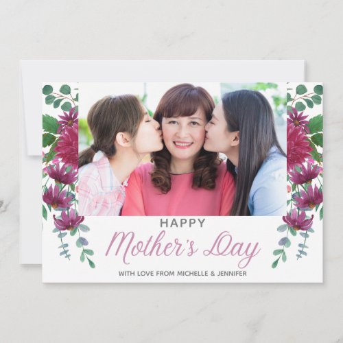 Watercolor Fuchsia Pink Floral Mothers Day Photo Holiday Card