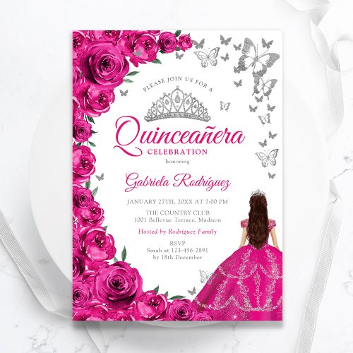 Watercolor Fuchsia Pink Floral Quinceanera Invitation