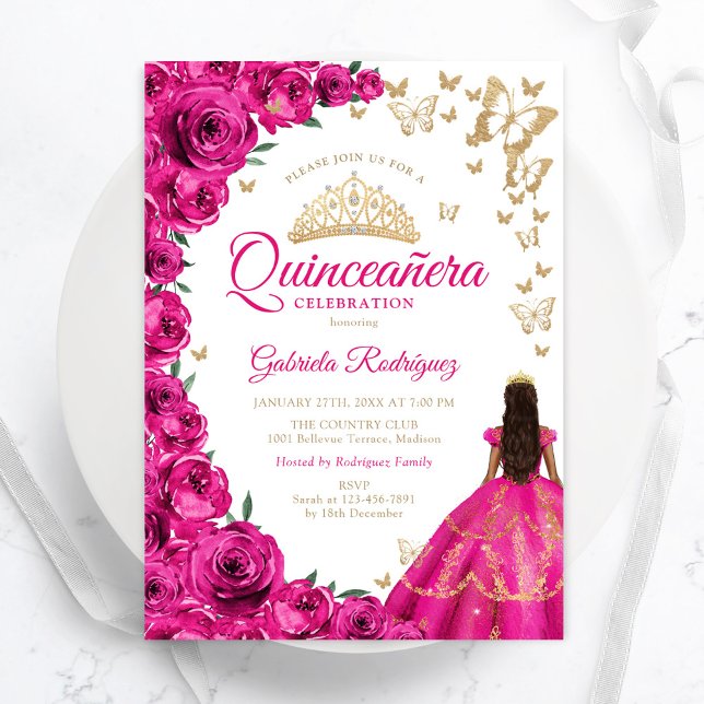 Watercolor Fuchsia Pink Roses Floral Quinceanera Invitation (Creator Uploaded)