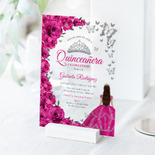 Watercolor Fuchsia Pink Roses Silver Quinceanera Acrylic Invitations