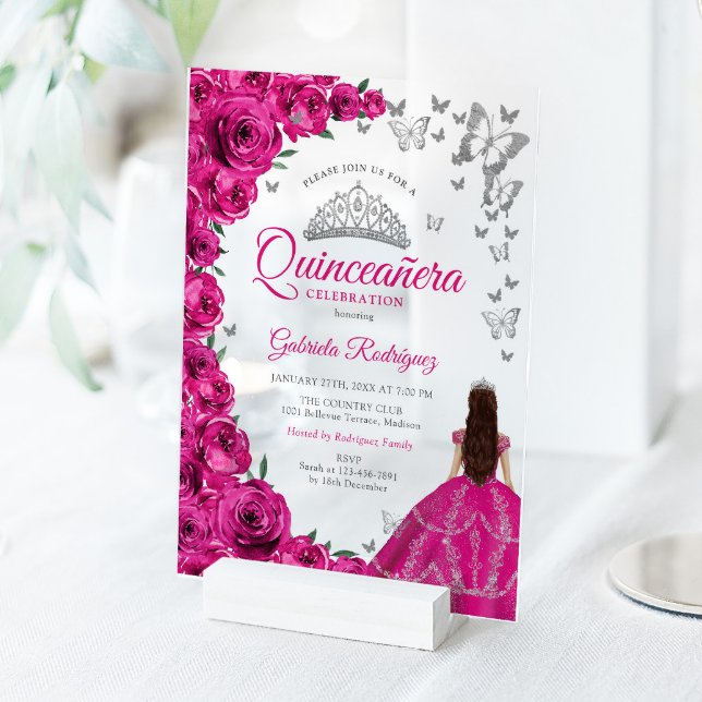 Watercolor Fuchsia Pink Roses Silver Quinceanera Acrylic Invitations (Creator Uploaded)