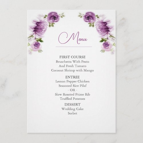Watercolor Fuchsia Roses and Peonies Wedding  Menu