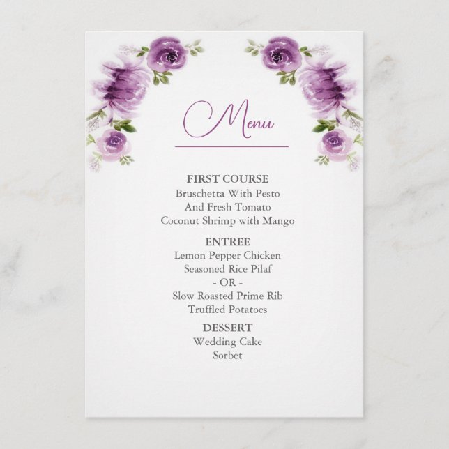 Watercolor Fuchsia Roses and Peonies Wedding  Menu (Front)