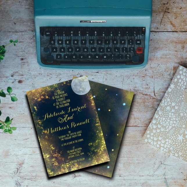 Watercolor Full Moon Celestial Wedding:Blue & Gold Invitation (Creator Uploaded)