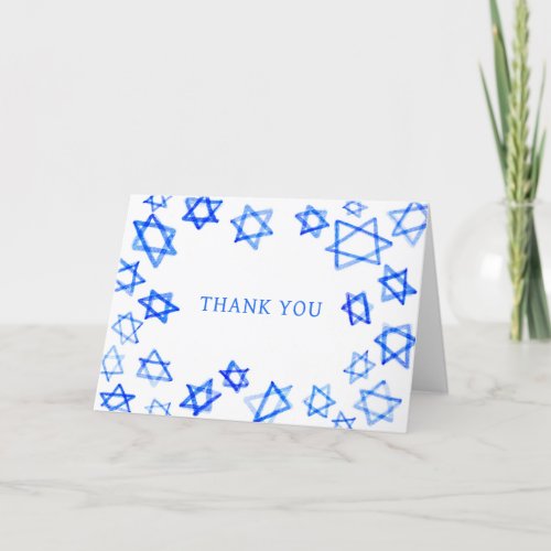 Watercolor Fun Blue Star of David Bar Bat Mitzvah  Thank You Card