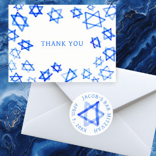 Watercolor Fun Blue Star of David Bar Bat Mitzvah Thank You Card