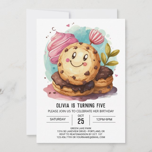 Watercolor Fun Boho Cookies Birthday Invitation (Front)