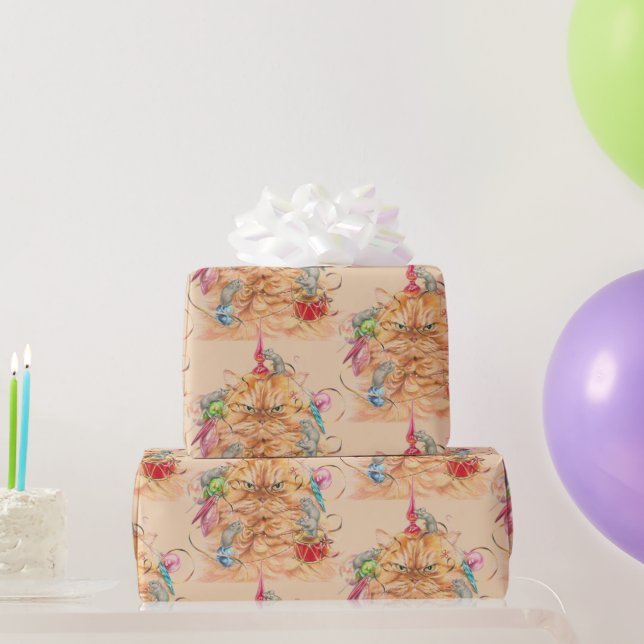 Watercolor Fun Cat Wrapped up in Christmas Wrapping Paper (Party Gifts)