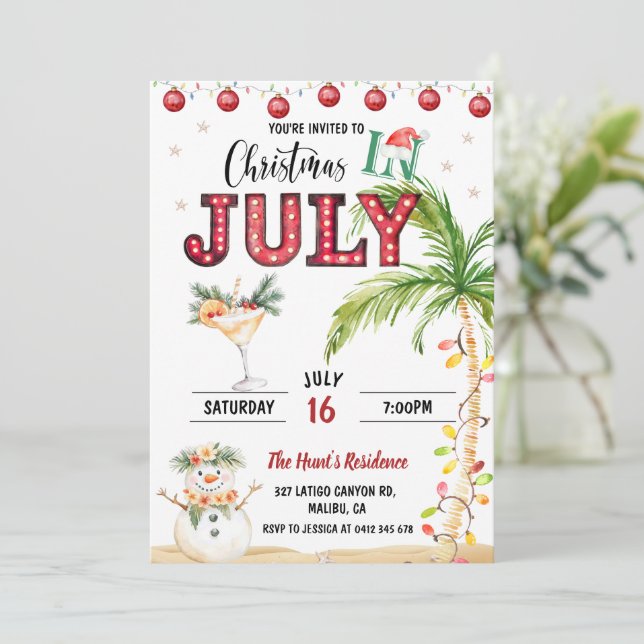 Watercolor Fun Christmas In July Party Invitation (Standing Front)