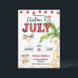 Watercolor Fun Christmas In July Party Invitation<br><div class="desc">This adorable invitation features watercolor elements depicting "Christmas in July." The words "Christmas" and "July" are prominently displayed, with the "July" written in red letters. The "In" is green, with a Santa hat over the "N." A palm tree is decorated with Christmas lights, and a snowman wearing a flower lei...</div>