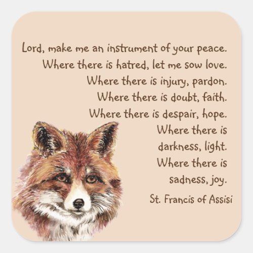 Watercolor Fun Fox  Animal St Francis Prayer  Square Sticker