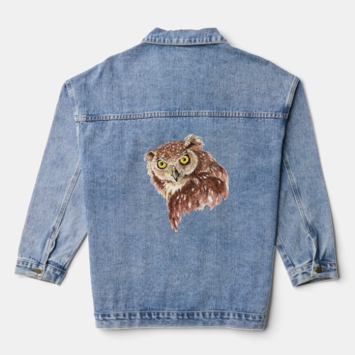 Watercolor Fun Grumpy Owl Bird Wildlife Nature Art Denim Jacket