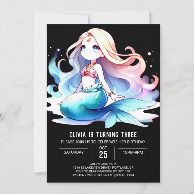 Watercolor Fun Mermaid Birthday Invitation (Front)