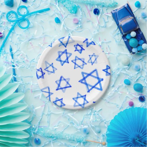 Watercolor Fun Messy Cool Blue Star of David  Paper Plates