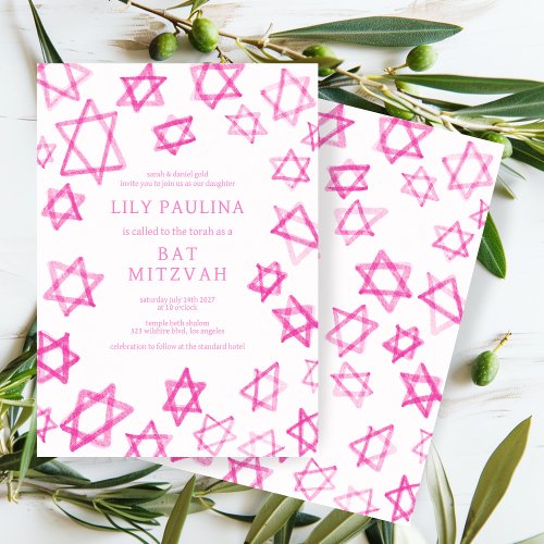 Watercolor Fun Pink Star of David Bar Bat Mitzvah Invitation