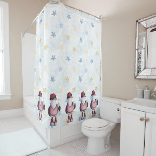 Watercolor Fun Seagull Cartoon Red Blue Kids Shower Curtain