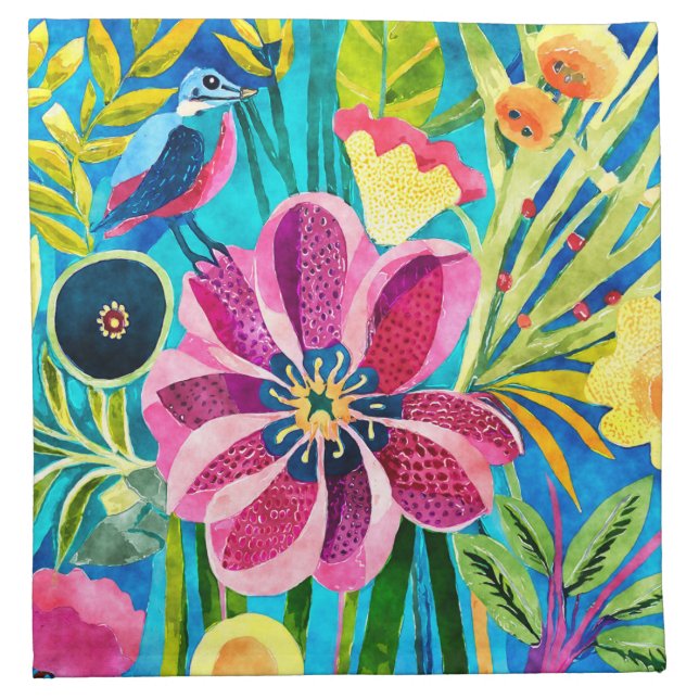 Watercolor Funky Bird Flowers Pattern Cloth Napkin (Front)