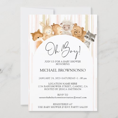 Watercolor Funny Animals Budget Oh Boy Baby Shower Invitation