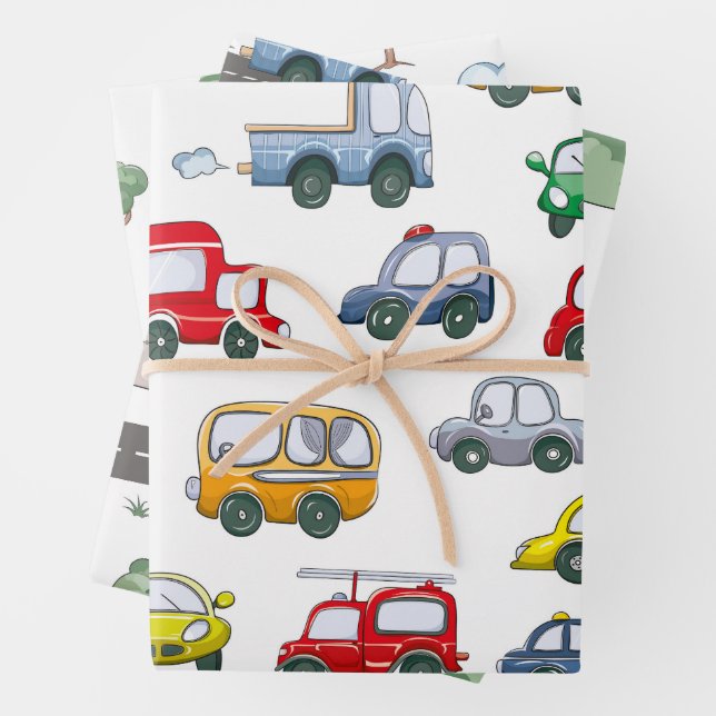 Watercolor Funny Cars Pattern Wrapping Paper Sheets (In situ)