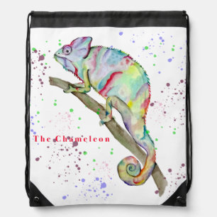 Watercolor funny chameleon drawstring bag