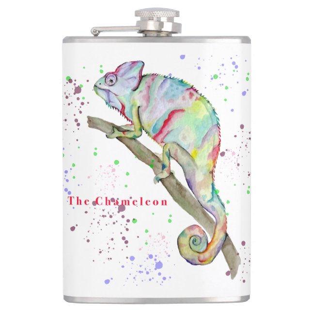 Watercolor funny chameleon flask (Front)