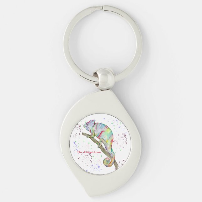 Watercolor funny chameleon keychain (Front)