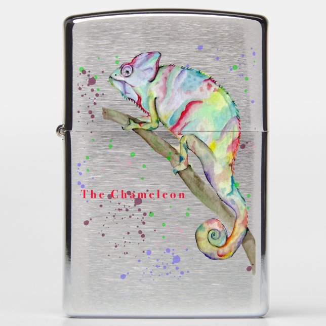 Watercolor funny chameleon zippo lighter (Front)