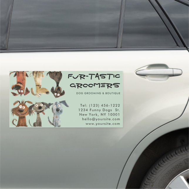 Watercolor Funny Dog Groomers Boutique Blue Car Magnet (In Situ)
