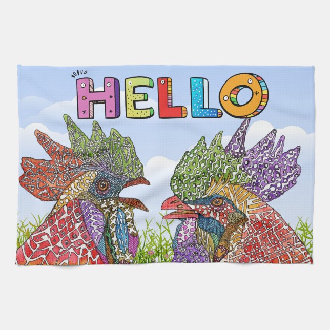 Watercolor Funny Farm Chicken Hello Kitchen Towel (Horizontal)