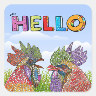 Watercolor Funny Farm Chicken Hello Square Sticker