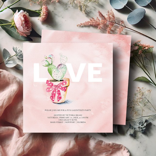 Watercolor Galantine Invitations Birthday Party (Galentines invitations watercolor heart shaped cactus art by Victoria Grigaliunas DoTellABelle)