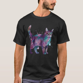 Watercolor Galaxy Cat with Cosmic Splatters T-Shirt