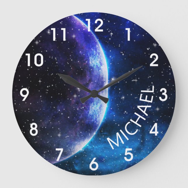 Watercolor Galaxy Monogram Personalized Space  Large Clock (Front)