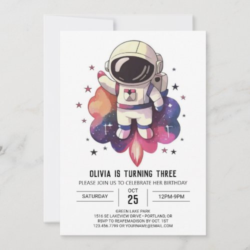 Watercolor Galaxy Wonderland Astronaut Birthday Invitation